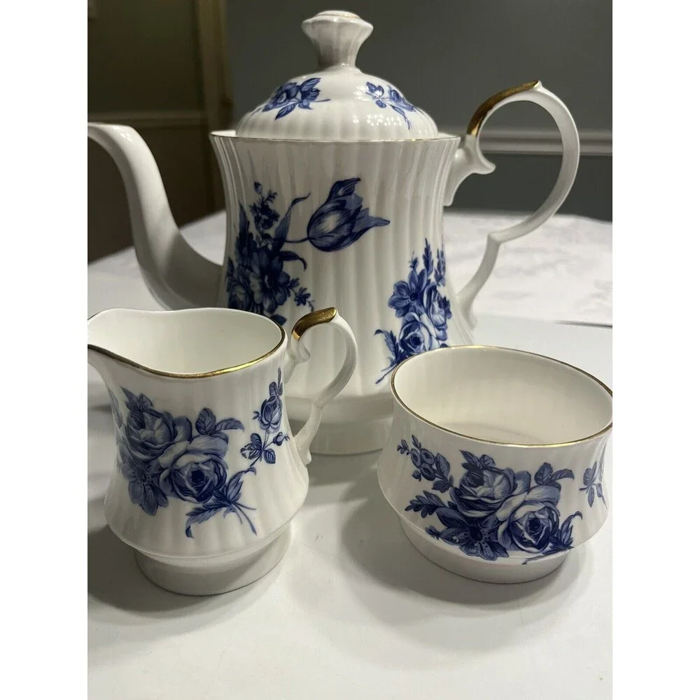 Vtg Royal Windsor Blue Roses Coffee Tea Pot Sugar & Creamer Set England